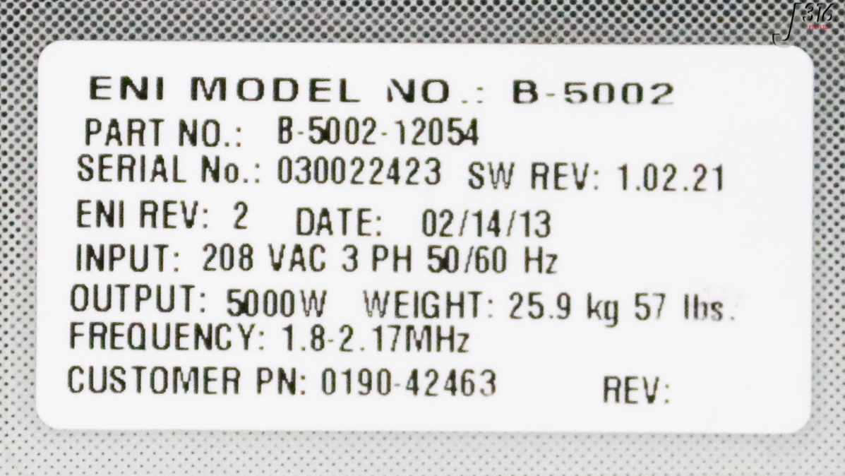 33219 MKS / ENI RF GENERATOR, SPECTRUM B-5002, 5000W, 1.8-2.17MHZ ...